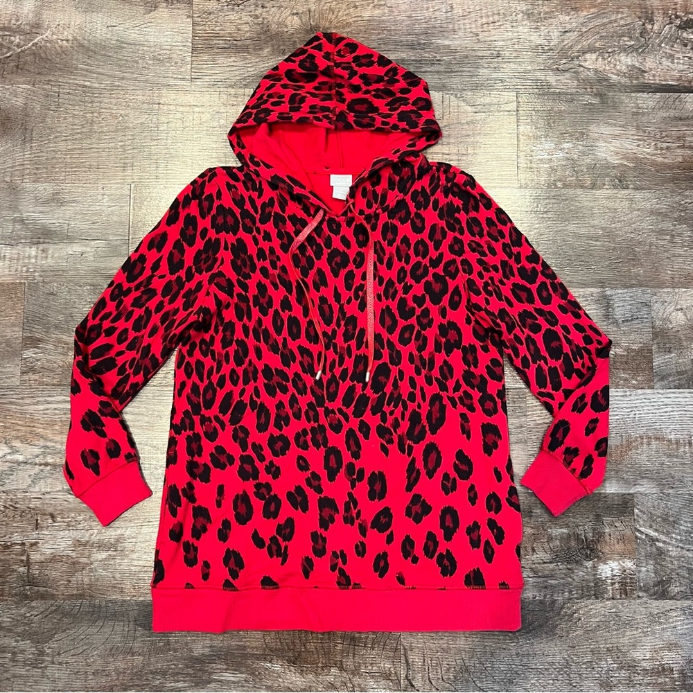Chicos Zenergy Bright Red Cheetah Print Hoodie With Pockets Size 0